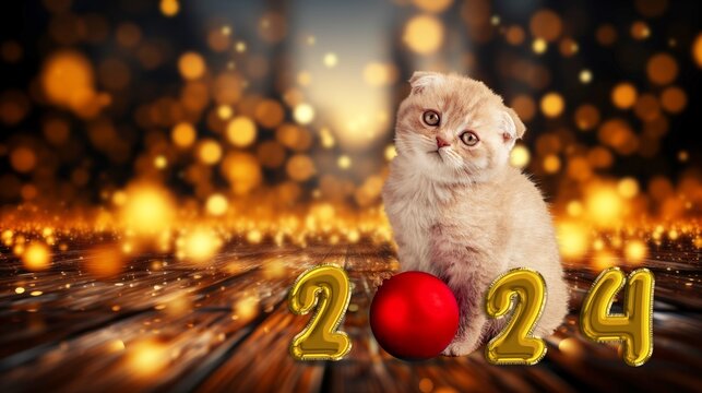 The cute domestic kitten with 2024 numbers