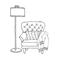 Armchair, illustration floor lamps and bedside nightlights. Black contour linear silhouette. Soft pillow and woolen plaid. Vector simple flat graphic illustration. Isolated object on a white