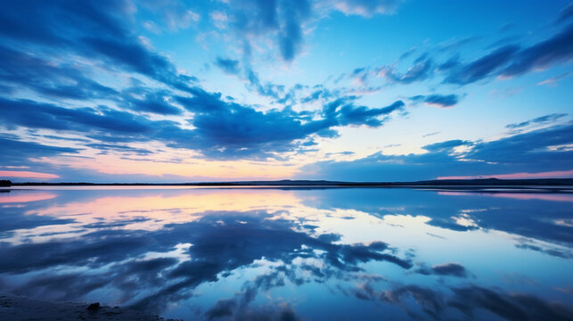A reflection of storm clouds on the calm surface of a lake, creating a surreal scene that blurs the boundaries between earth and sky.
