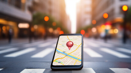 Red pin point icon on smartphone with GPS navigator, close-up local map destination. Virtual world. Generative AI