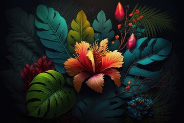 Hibiscus flower and tropical leaves on dark background