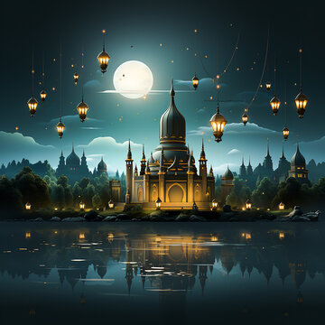 Photo golden arab palace greeting lights up at night fairy tale black background.