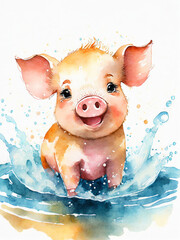 Kleines niedliches Schwein das im Wasser spielt