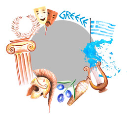 Greek symbols hand drawn watercolor, set of ancient-to-present elements. Travel Greece icons: map, National flag, olive branch, amphora, column, Spartan helmet, bay wreath, lyra, theatrical masks.
