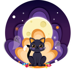 ilustracion de gato en halloween de noche