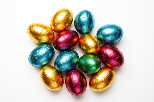 Chocolate eggs in multi colored foil isolated on a white background, top view, Easter concept