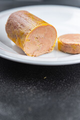 foie gras block liver appetizer ready to eat cooking meal eating food snack on the table copy space food background rustic top view © Alesia Berlezova