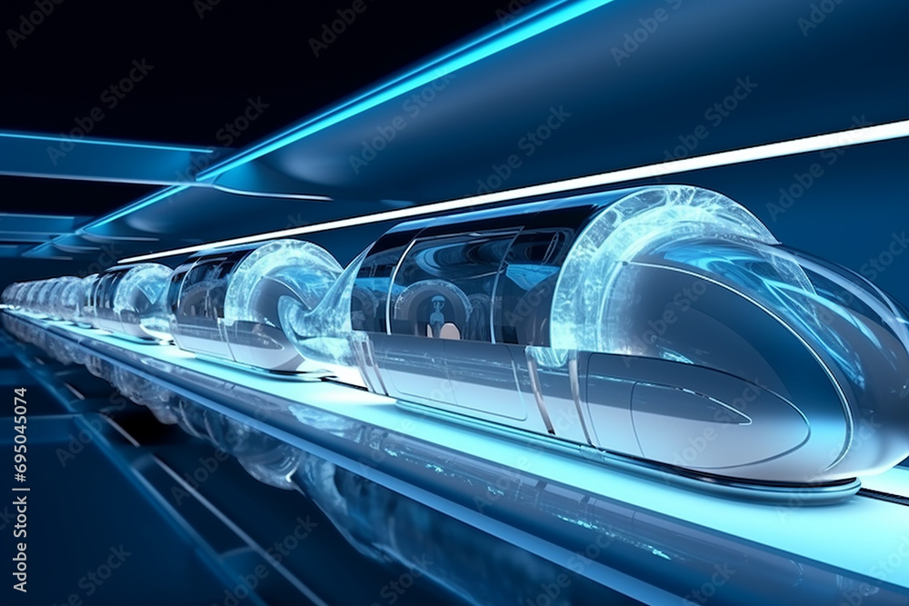 Poster hyperloop train, background of a magnetic levitation train, hyperloop mass transit with in a vacuum,