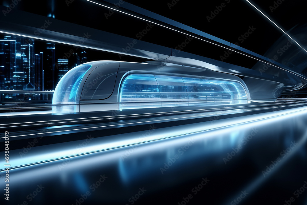 Poster hyperloop train, background of a magnetic levitation train, hyperloop mass transit with in a vacuum,