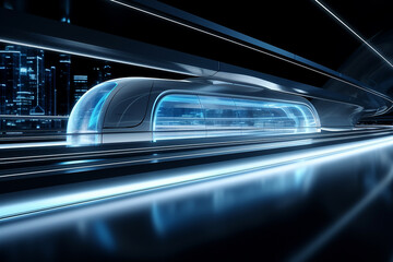 Hyperloop train, background of a magnetic levitation train, Hyperloop mass transit with in a vacuum, The fastest train transportation in the future, High speed rail travel