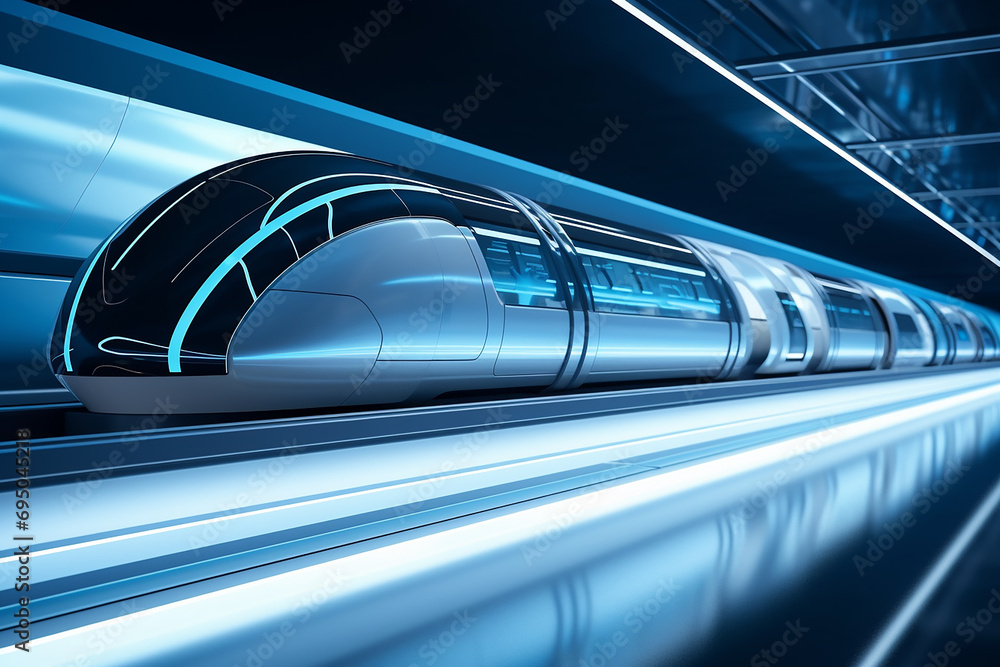 Poster hyperloop train, background of a magnetic levitation train, hyperloop mass transit with in a vacuum,