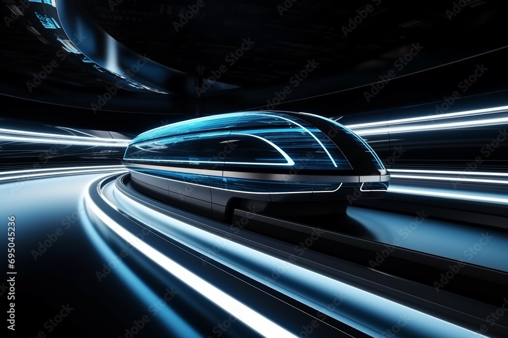 Poster hyperloop train, background of a magnetic levitation train, hyperloop mass transit with in a vacuum,