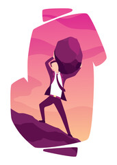 Businessman with boulder vector illustration. Stressed mans carry heavy stone in hands overwhelmed with problem or task. Crisis problem of business people, burden, challenge, conquering concept