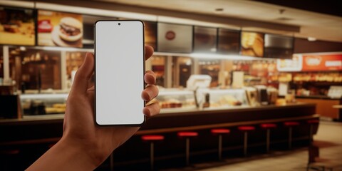 Fototapeta na wymiar CU Photo of a person using his phone inside a fast-food restaurant, blank screen