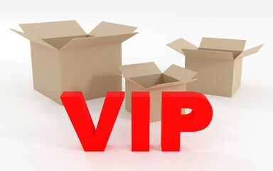 Luxury red inscription vip on grey podium, soft light, smooth background, 3d rendering