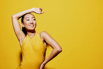 Woman skin swimsuit surprised portrait summer beauty trendy fashion yellow smile