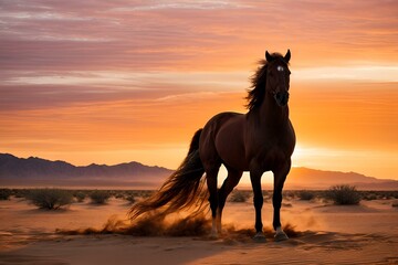 Obraz na płótnie Canvas W miękkości pustynnego zmierzchu srebrny koń emanuje elegancją, stojąc godnie pośród płynących piasków, podczas gdy zachód słońca maluje niebo w odcieniach pomarańczy i fioletu.