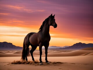 W miękkości pustynnego zmierzchu srebrny koń emanuje elegancją, stojąc godnie pośród płynących piasków, podczas gdy zachód słońca maluje niebo w odcieniach pomarańczy i fioletu. - obrazy, fototapety, plakaty