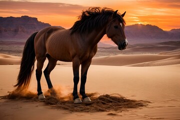 W miękkości pustynnego zmierzchu srebrny koń emanuje elegancją, stojąc godnie pośród płynących piasków, podczas gdy zachód słońca maluje niebo w odcieniach pomarańczy i fioletu. - obrazy, fototapety, plakaty