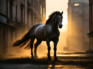 W łagodnym świetle wschodu słońca srebrny koń przemierza opustoszałe ulice, kreując poruszający kontrast między bezżyznością a mityczną energią w opuszczonej miejskiej scenerii o wschodzie słońca. - obrazy, fototapety, plakaty