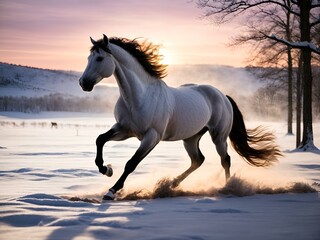 W zimowym świcie srebrny koń rozpędza się przez biały krajobraz, pozostawiając za sobą ślady świeżego śniegu, tworząc mityczną i ekscytującą obecność w spokojnej urodzie śnieżnego wschodu słońca. - obrazy, fototapety, plakaty