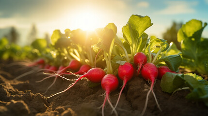 Full bloom radish organic farm in the morning with sun rise. Created using generative AI. - obrazy, fototapety, plakaty