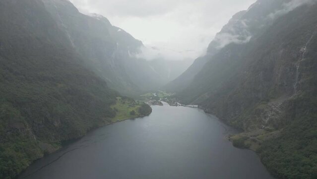Nordic landscape of fjords shot on drone.
