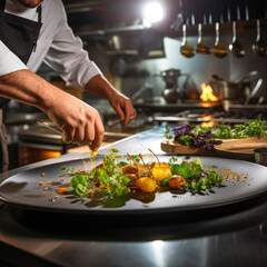 Obraz na płótnie Canvas gourmet dish being prepared in a high-end restaurant kitchen