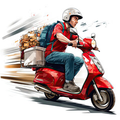 Drawing of a delivery man driving a scooter on a transparent