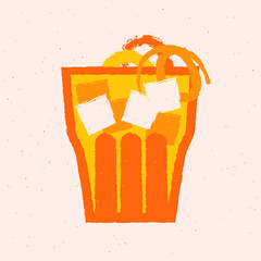 Cold drinks with orange, citrus zest and ice cubes. Tumbler glass for bar. Bright refreshing cocktail with tonic. Alcohol beverage design. Vector flat illustration with texture. Lemonade mocktail