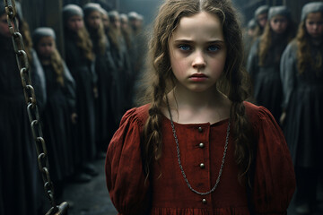 A brave little girl in a red dress, gothic style