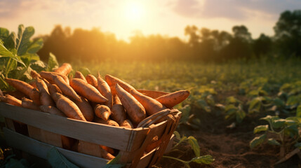 Fresh harvested sweet potato in the wood basket in the plantation under the sun light background. Created using generative AI. - obrazy, fototapety, plakaty