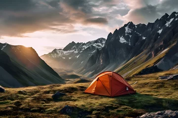 Fotobehang tent in the mountains, camping, mountain camp, biwak tent, hiking tour, wild camping © MrJeans