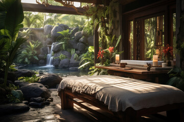 A Hawaiian-inspired spa retreat offering relaxation through traditional lomi lomi massages and tropical-infused treatments. Generative Ai. - Powered by Adobe
