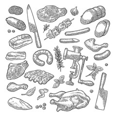 Set meat products and kitchen equipment. Brisket, sausage, meat grinder, steak, chicken leg, knife, ribs, basil, thyme. Vintage black vector engraving illustration. Isolated on white background.