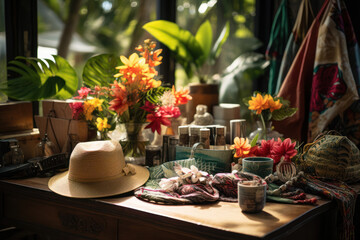 Fototapeta na wymiar A bohemian-style pop-up market offering handmade crafts and artisanal goods inspired by Hawaiian culture. Generative Ai.
