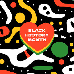 Black History Month abstract graphic square banner. African American rights and culture celebrating. Modern creative placard. Heart in red yellow green flag colors. Africa and afro pattern art design