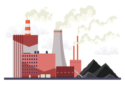 Coal mining plant. Building factory with pipes, smoke and pile of coal near them. Industrial coal fired power station, fossil fuel power station. Vector illustration