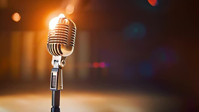 Microphone on colorful Bokeh golden,purple,pink background beautiful romantic or luxury glitter lights, Microphone for speech singing karaoke party, Microphones for orator press conference, Microphone