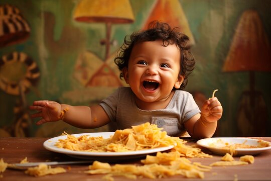 Latin baby very happy eating alone