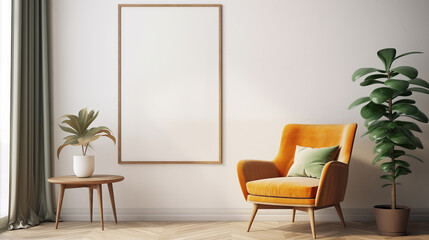 living room with an armchair and a table with a plant with a large painting mockup