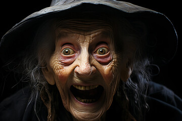 old woman, aggressive witch with hat - obrazy, fototapety, plakaty