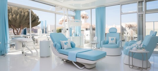 Modern dental clinic interior in serene light blue and white tones for a refreshing ambiance