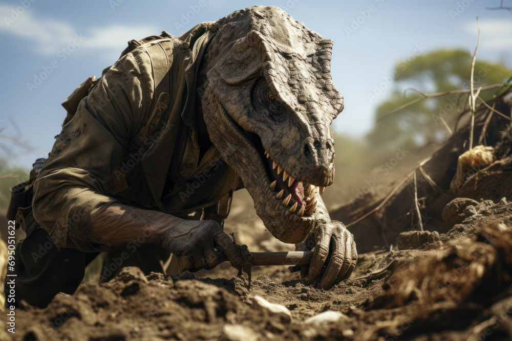 Poster an artist's rendering of a paleontologist meticulously working on a dig site, underscoring the patie