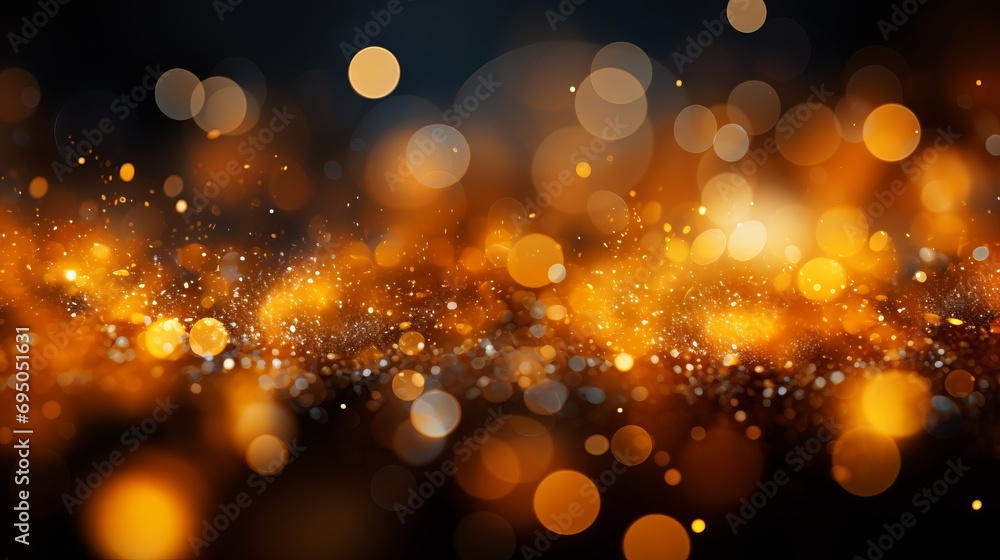 Poster yellow glowing particles abstract bokeh background with bokeh lights and blurred shiny effect
