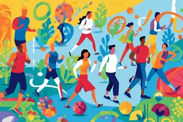 many people engage in a sport activity outdoor, cartoon graphic