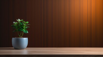 Potted plant on wooden table against dark striped backdrop. Perfect for interior design themes.
