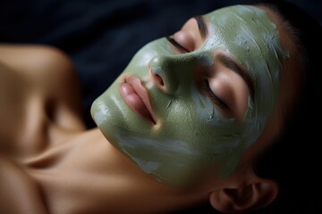 Close up woman relaxing in spa with green clay mask