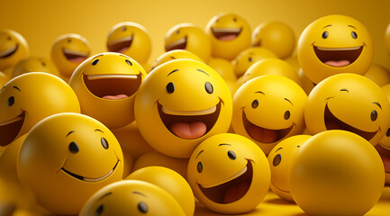 group of happy yellow smiley faces balls emoji 3d illustration - obrazy, fototapety, plakaty