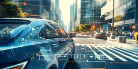 Fotobehang Autonomous vehicles navigate with precision, leveraging an overlay vehicle computer tracking system, advanced traffic management, intelligent transportation, and smart city technologies © Ben